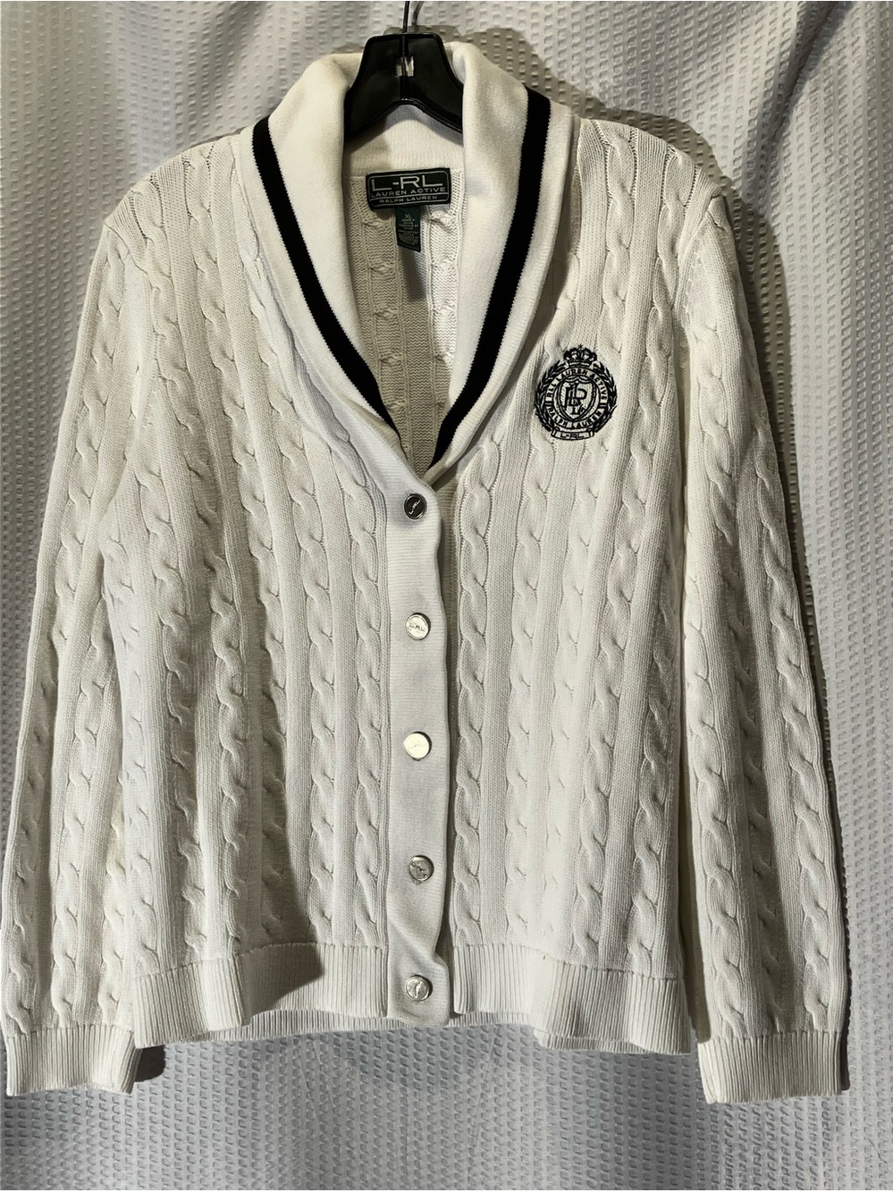 Ralph Lauren White Cable-Knit Shawl Collar Cardigan with Navy Trim